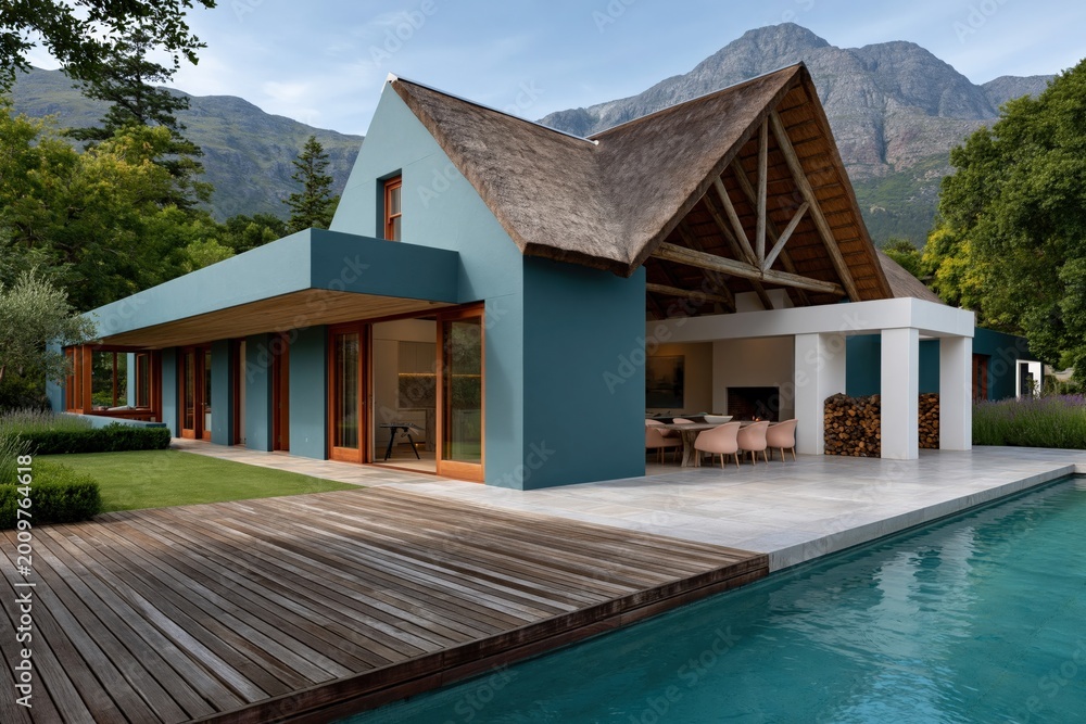 Naklejka premium Modern house with thatched roof beside outdoor pool