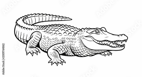 Black and white illustration of an alligator with its mouth open and teeth showing