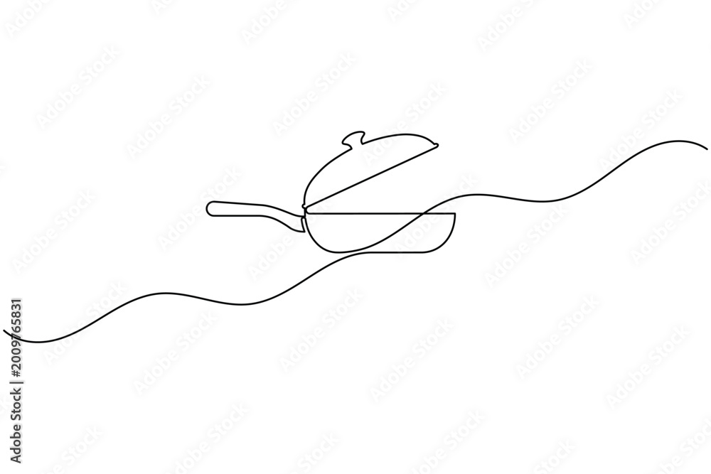 Fototapeta premium Frying pan with open lid Continuous one line drawing minimal kitchen cookware outline vector illustration