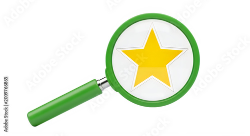 A green magnifying glass focusing on a bright yellow star. isolated on transparent background