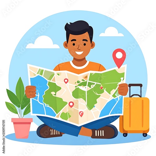 Man planning travel trip vacation abroad.