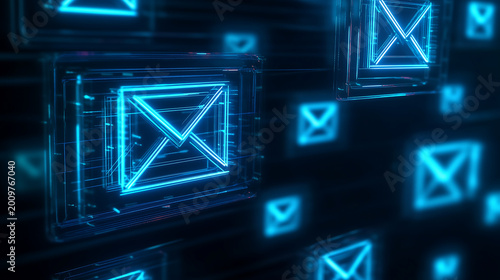 Glowing blue email icons on dark background.