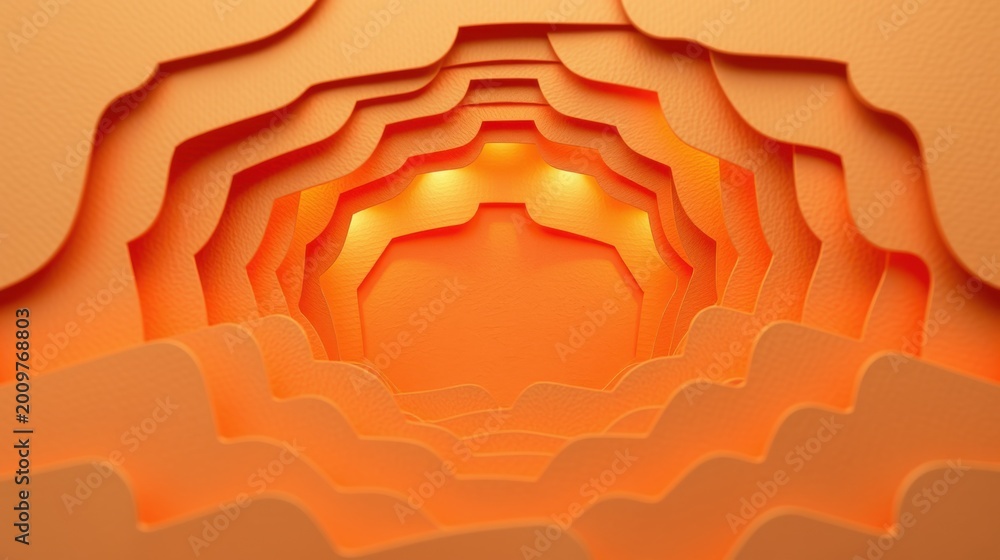 Fototapeta premium Abstract orange layers create tunnel illusion. Warm light emanates from center, suggesting depth, texture, modern design.