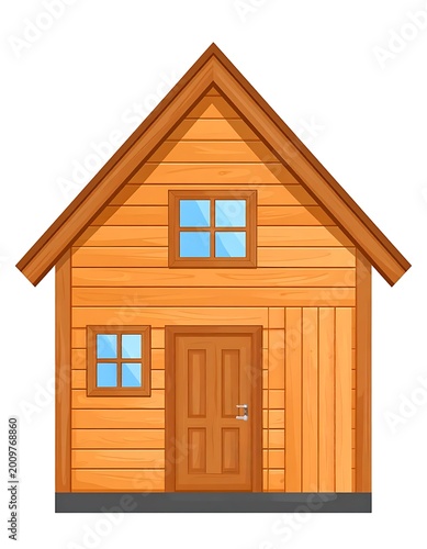 Small wooden house with brown door.