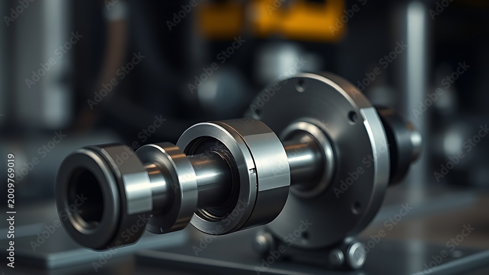 Fototapeta premium Gleaming metal crankshaft isolated on a dark industrial background.