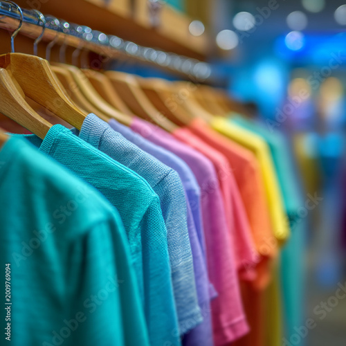 Colorful polo shirts displayed on hangers in a retail clothing store with colorful, clothing