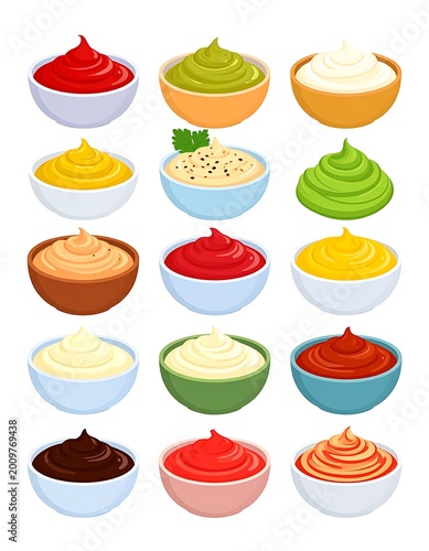 Variety of colorful sauce bowls arranged.