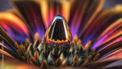 Reflective metallic ovoid object within a vibrant Gerbera flower