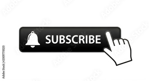 A hand pointing at a subscribe button with a bell icon on a white background isolated on transparent background