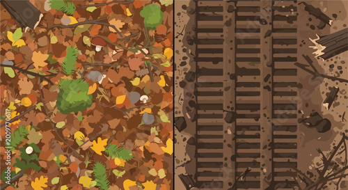 A split-view illustration comparing a forest floor with old wooden train tracks