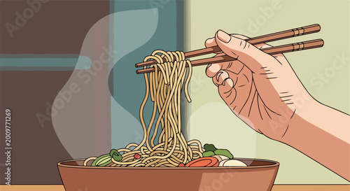 A hand holding chopsticks to lift steaming noodles from a bowl of hot ramen