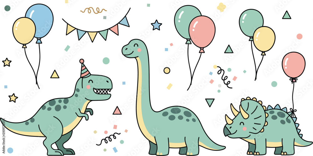 Fototapeta premium Three friendly green dinosaurs celebrate a party with colorful balloons and bunting