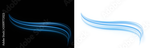 Blue Glowing Light Trails Waves on Transparent Background Abstract Neon Energy Flow Lines Overlay