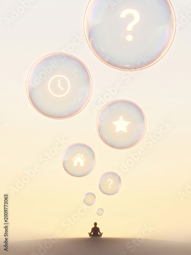 Overthinking concept — person releasing thoughts as floating glass bubbles