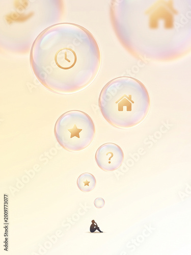 Overthinking concept — person releasing thoughts as floating glass bubbles