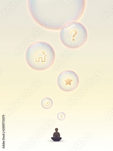 Overthinking concept — person releasing thoughts as floating glass bubbles