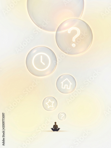 Overthinking concept — person releasing thoughts as floating glass bubbles