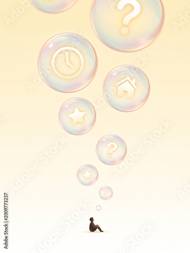 Overthinking concept — person releasing thoughts as floating glass bubbles