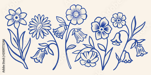 Bild auf Leinwand Stylized blue line art floral collection with daisies bellflowers and various bl