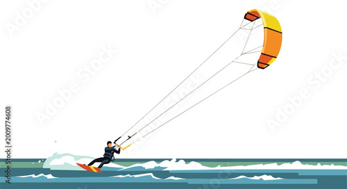 A flat vector illustration of a person kitesurfing on the ocean waves