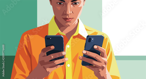 A focused individual in a yellow shirt holding two smartphones, digital art style