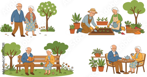 Εκτύπωση καμβά PrintSenior couple lifestyle set with walking gardening relaxing and drinking te