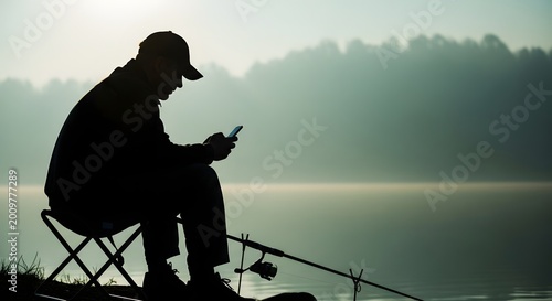 Silhouette of a fisherman enjoying a peaceful moment by the water's edge