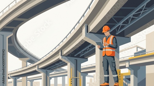 Construction Engineer Inspecting Elevated Road Structure for Infrastructure Planning Background