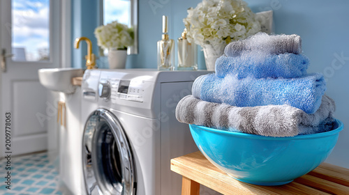 Compact laundry nook in cool blue tones with folded towels and front load washer for home interior background and laundry room design