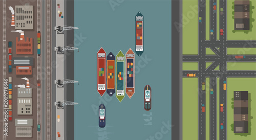 Overhead view of an industrial port with cargo ships, factories, and highway roads