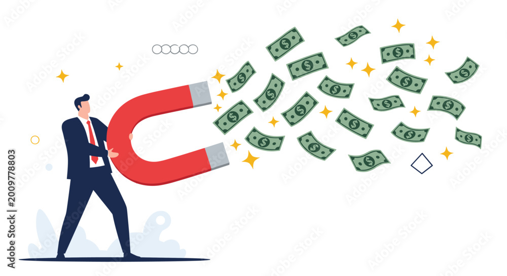 Obraz premium Ambitious businessman uses a large red horseshoe magnet to attract many flying dollar bills for financial gain.