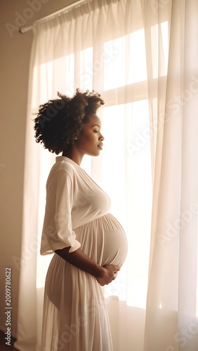 Pregnant woman standing by window.