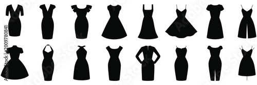 Tableau sur toile Set of black female dress silhouettes including cocktail evening summer and party gown styles isolated on a white background vector