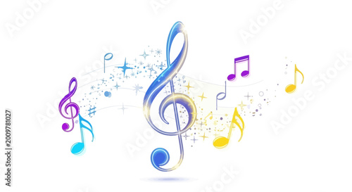Colorful Music Notes and Treble Clef with Sparkles - Abstract Musical Composition