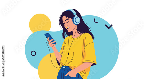 Young woman wearing headphones and a yellow shirt smiling while looking at her mobile phone to listen to music.
