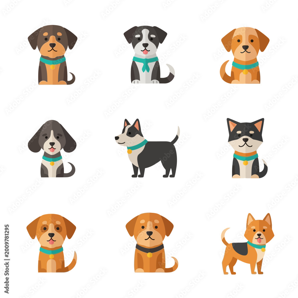 Obraz premium Cute Cartoon Dog Breeds Collection - Flat Vector Illustrations