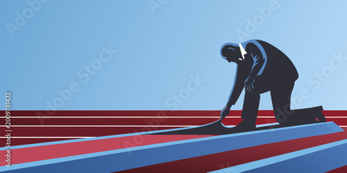 Obraz na plátně Silhouette of a man unrolling a long red and blue striped ribbon vector illustra