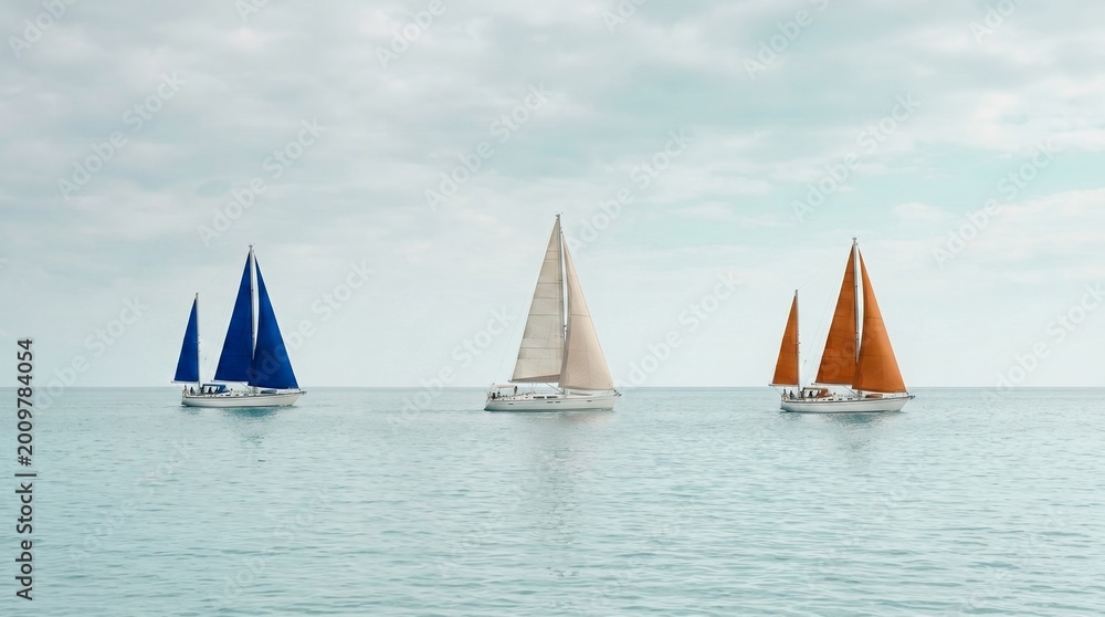 Naklejka premium Minimal Sailboat Trio on Open Sea Horizon for Coastal Travel Photo