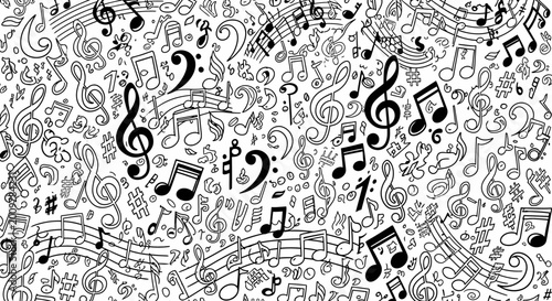 Hand-drawn musical notes and symbols pattern on white background