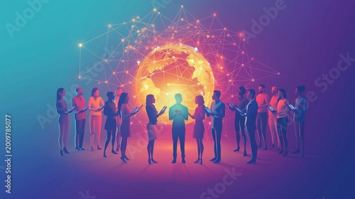 World Telecommunication & Information Society Day:illustration, diverse group of people from different cultures standing in a circle around a glowing central globe, each person holding a device
