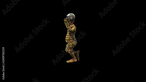 3D Weird Goofy Character in Sponge Yellow Costume and Gas Mask, Running Loop, Side View, Alpha Channel