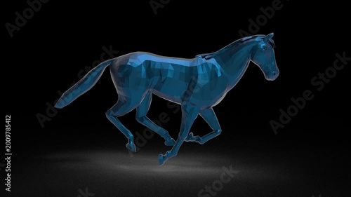 3D Animation Blue Horse Galloping, Metallic Equine, Transparent Background, Loop, Alpha Channel