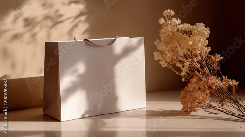 Blank white paper shopping bag on table with dried flowers and soft shadows