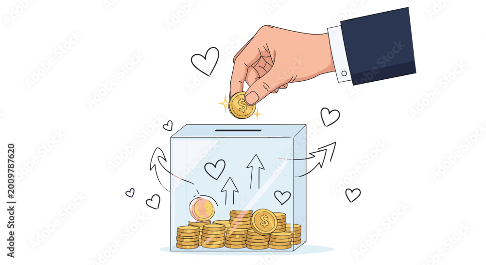 Obraz premium Human hand putting a gold coin into a transparent donation box filled with money and surrounded by heart shapes representing charity and care.