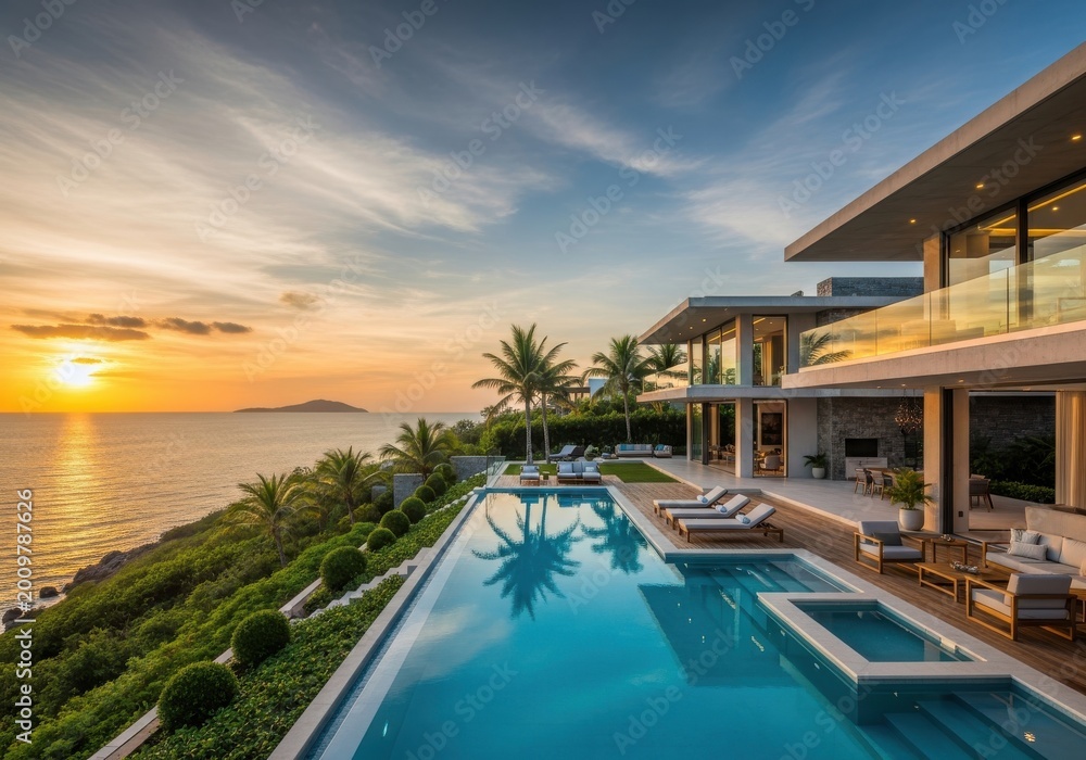 Fototapeta premium Luxury villa overlooking the ocean during a vibrant sunset.