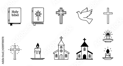 Schilderij op canvas Religious icons set bible crosses church candles and dove of peace