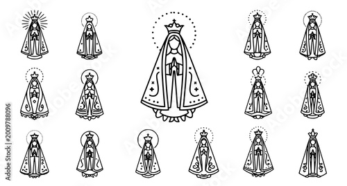 Tableau sur toile Collection of black and white virgin mary icons in various styles