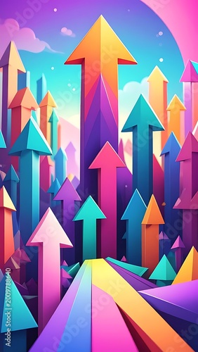 Vibrant colorful arrows pointing upwards growth.