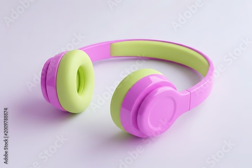 Pink and green wireless headphones on plain background, modern pink and green wireless headphones for music lovers, stylish pink and green wireless headphones with copy space.