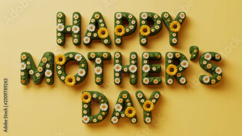 Happy mothers day lettering composed of lush green moss and beautiful spring flowers arranged artistically on a vibrant yellow background for a festive celebration